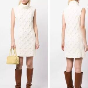 STAUD Mod Sleeveless Turtleneck Cable Knit Ivory Mini Sweater Dress size L